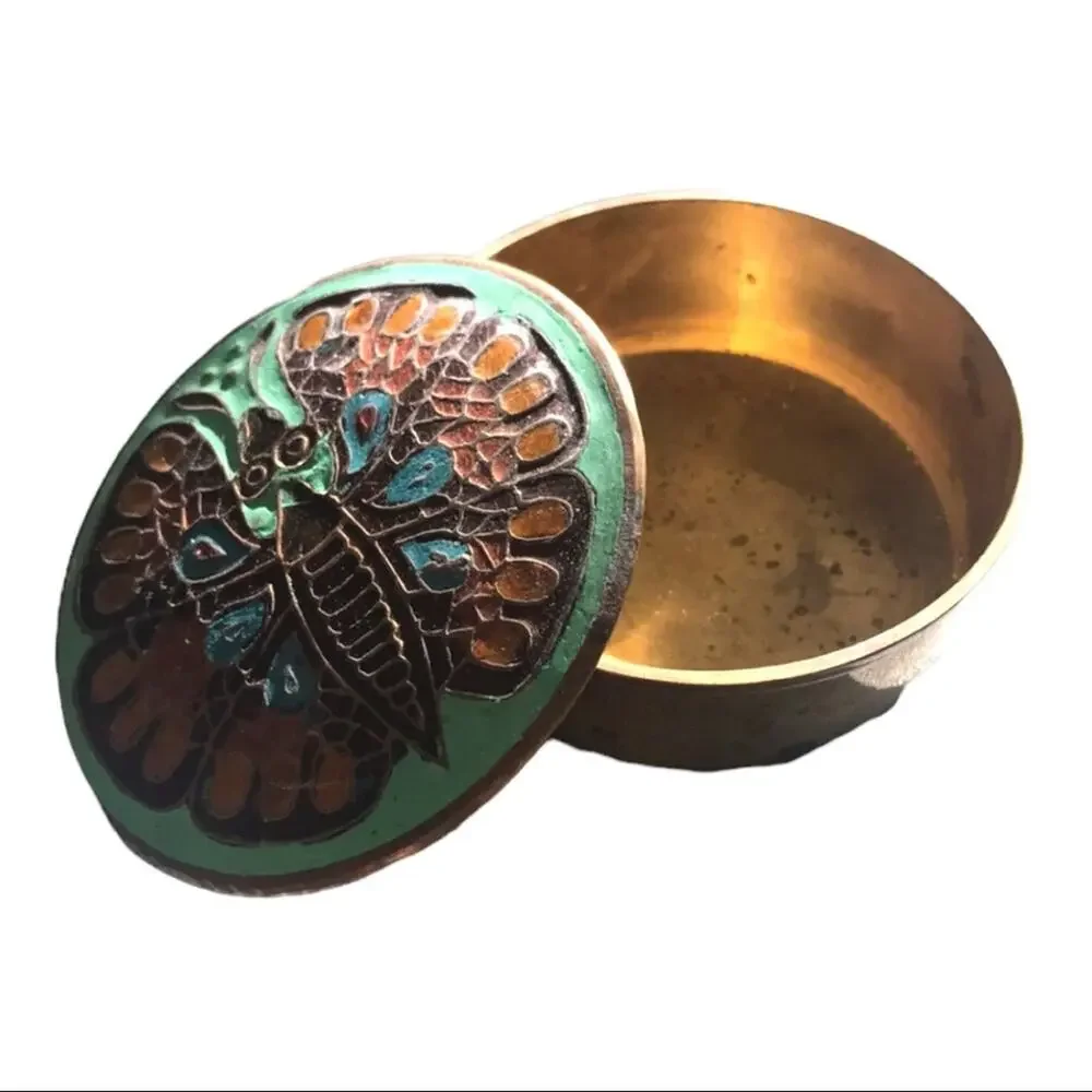 Vintage Brass Ring Box with Moth or Butterfly in Orange and Mint Green Enamel